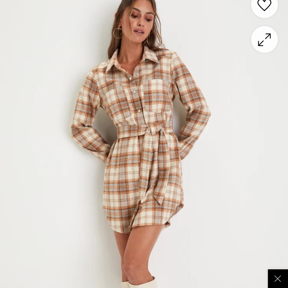 Plaid Behavior Ivory and Brown Plaid Long Sleeve Mini Dress - Size Small